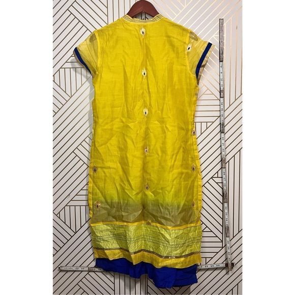 BIBA Women's Short Sleeve Round Neck Long Dress Yellow Blue Sari India Size 36 - Picture 9 of 10